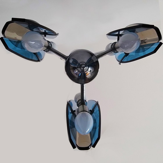 Image 1 of Magnifique lampe suspendue en verre fumé et bleu des années 1970 par Veca. Fabriquée en Italie