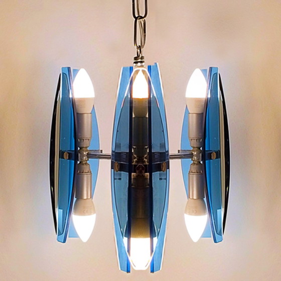 Image 1 of Magnifique lampe suspendue en verre fumé et bleu des années 1970 par Veca. Fabriquée en Italie