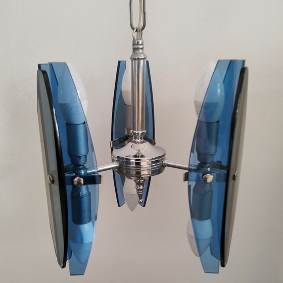 Image 1 of 1970s Gorgeous Blue and Smoked Glass Pendant Lamp by Veca. Made in Italy