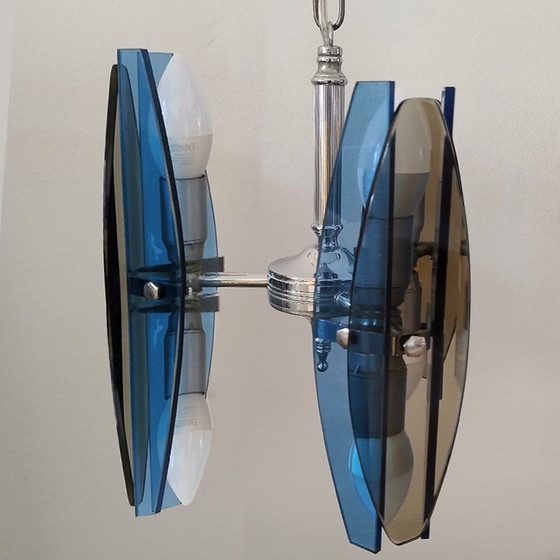 Image 1 of 1970s Gorgeous Blue and Smoked Glass Pendant Lamp by Veca. Made in Italy