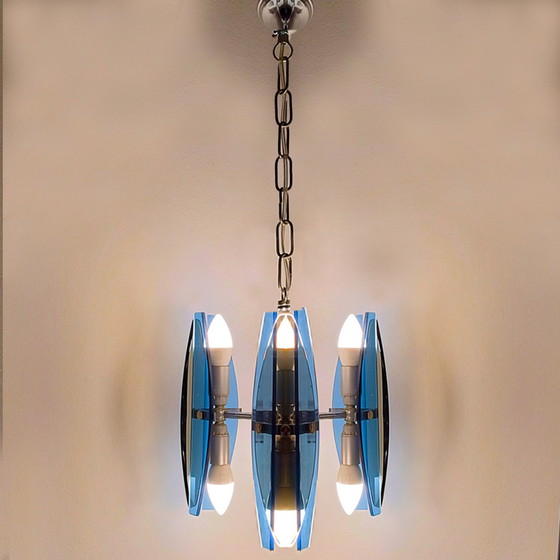 Image 1 of Magnifique lampe suspendue en verre fumé et bleu des années 1970 par Veca. Fabriquée en Italie