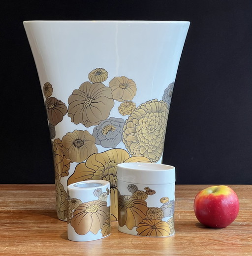 3 Vases By Alain Le Foll. Rosenthal Studio-Line. Anniversary Edition Gold. Porcelain.