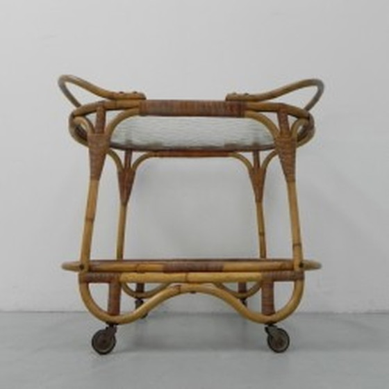 Image 1 of Bamboo, rattan serving trolley on castors - 1950s