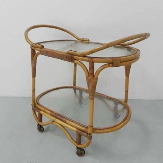 Image 1 of Bamboo, rattan serving trolley on castors - 1950s