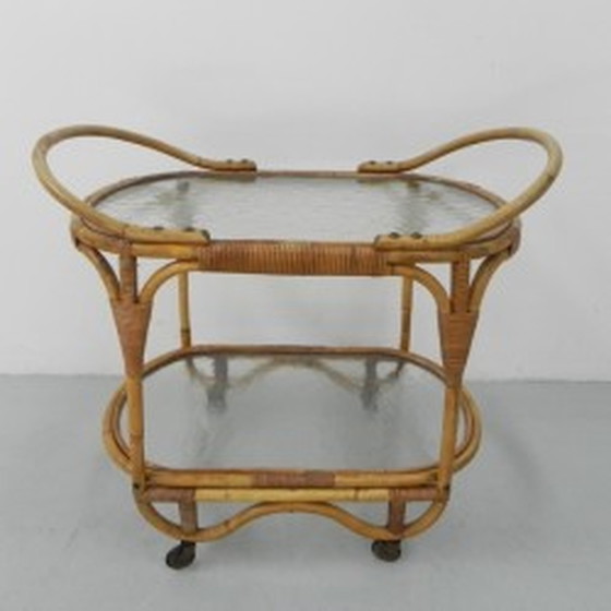 Image 1 of Bamboo, rattan serving trolley on castors - 1950s