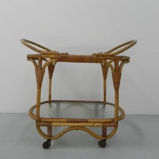 Image 1 of Bamboo, rattan serving trolley on castors - 1950s