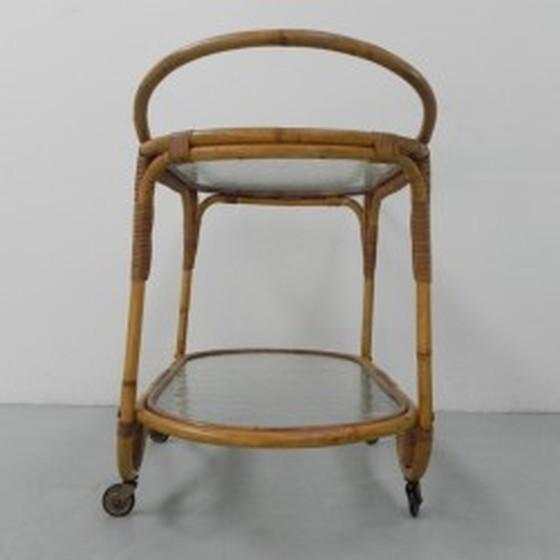 Image 1 of Bamboo, rattan serving trolley on castors - 1950s