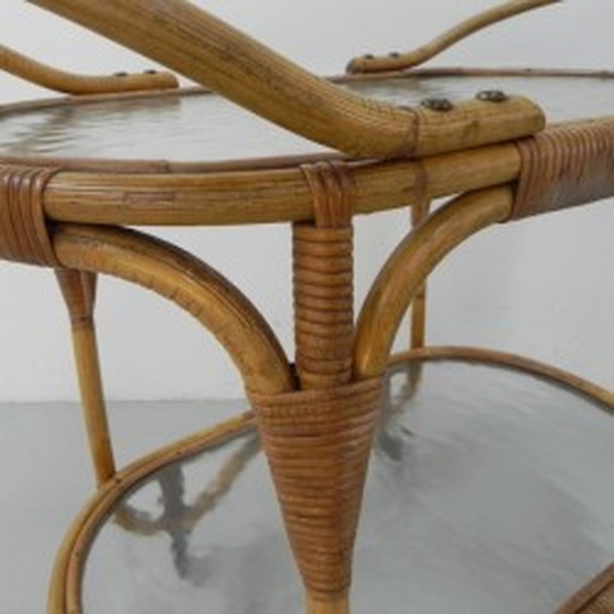 Image 1 of Bamboo, rattan serving trolley on castors - 1950s