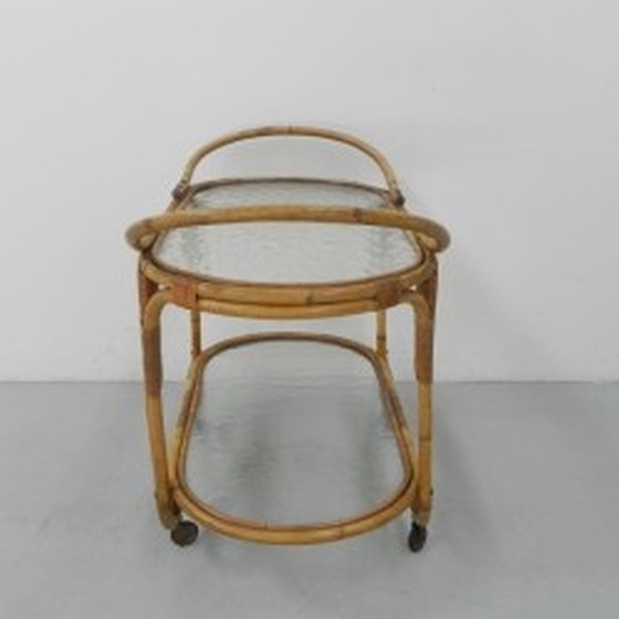 Image 1 of Bamboo, rattan serving trolley on castors - 1950s