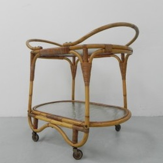 Image 1 of Bamboo, rattan serving trolley on castors - 1950s