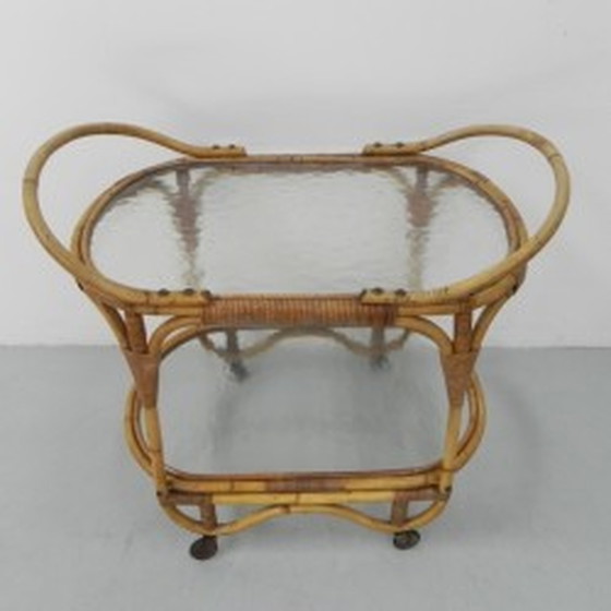 Image 1 of Bamboo, rattan serving trolley on castors - 1950s