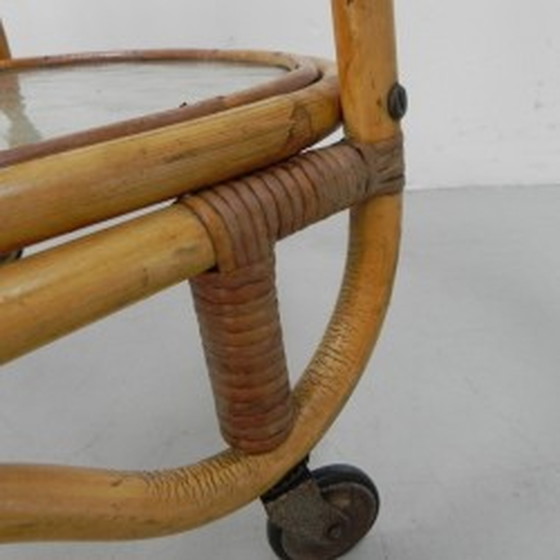 Image 1 of Bamboo, rattan serving trolley on castors - 1950s