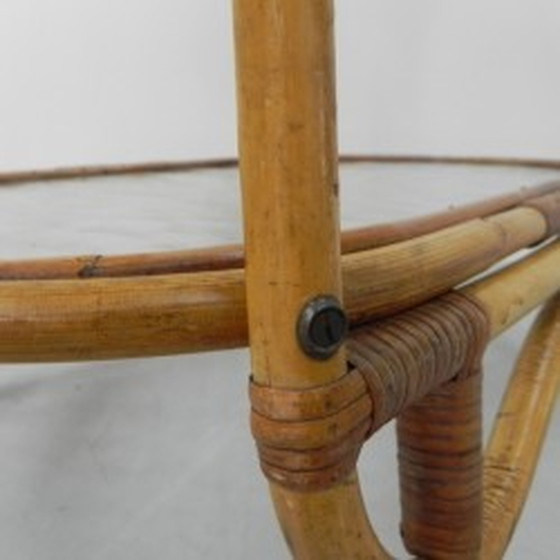 Image 1 of Bamboo, rattan serving trolley on castors - 1950s