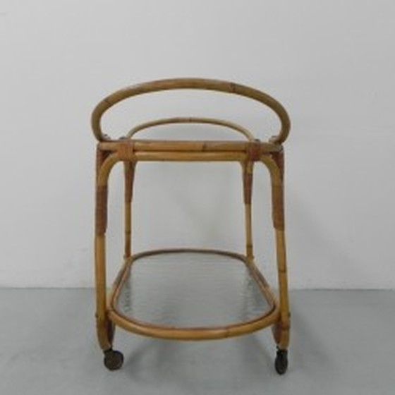 Image 1 of Bamboo, rattan serving trolley on castors - 1950s