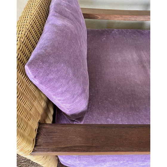 Image 1 of Pair of vintage rattan armchairs with velvet cushions, 1950