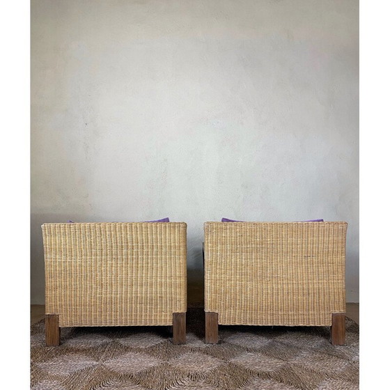 Image 1 of Pair of vintage rattan armchairs with velvet cushions, 1950