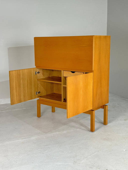 Midcentury natural oak bar cabinet