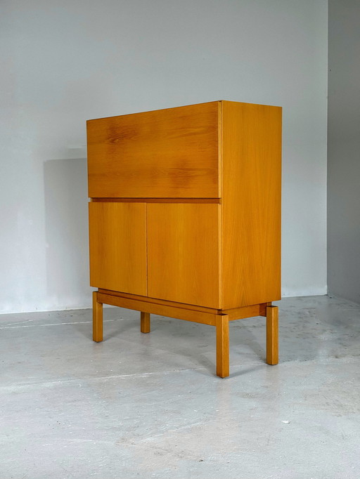 Midcentury natural oak bar cabinet