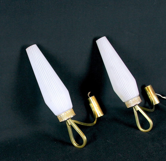 Image 1 of Pair Of Brass And Glass Wall Lights, Arlus Mid-Century,