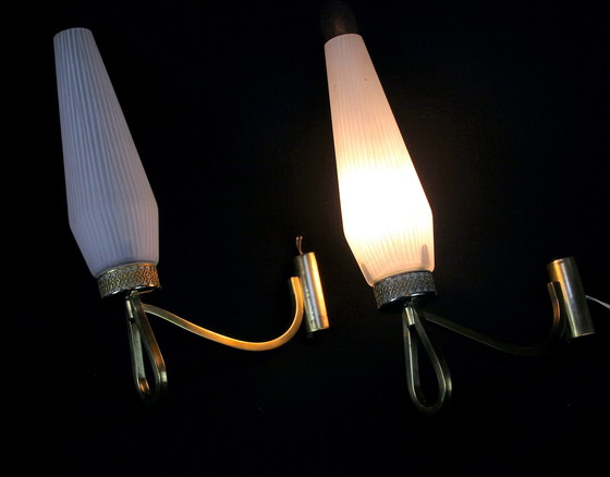 Image 1 of Pair Of Brass And Glass Wall Lights, Arlus Mid-Century,