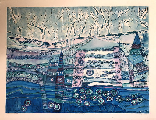 Margo Ellen color etching: Landscape. Signed and framed.