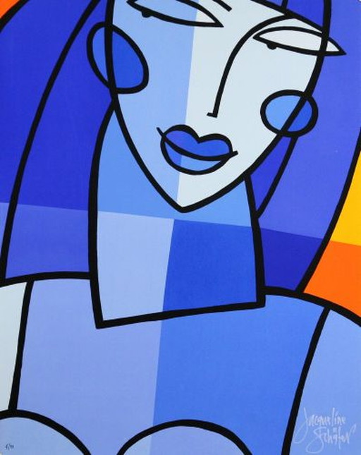 Jaqueline Schafer - Vrouw in Blauw – lithos zeefdrukken, Paper, Modern