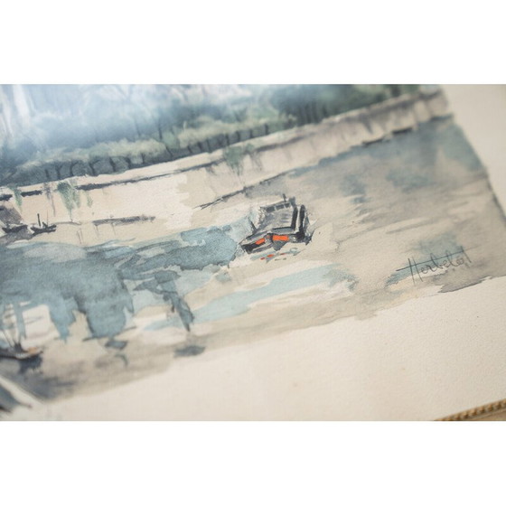 Image 1 of Vintage lithograph “Ile de la cite” in wood and glass, 1980