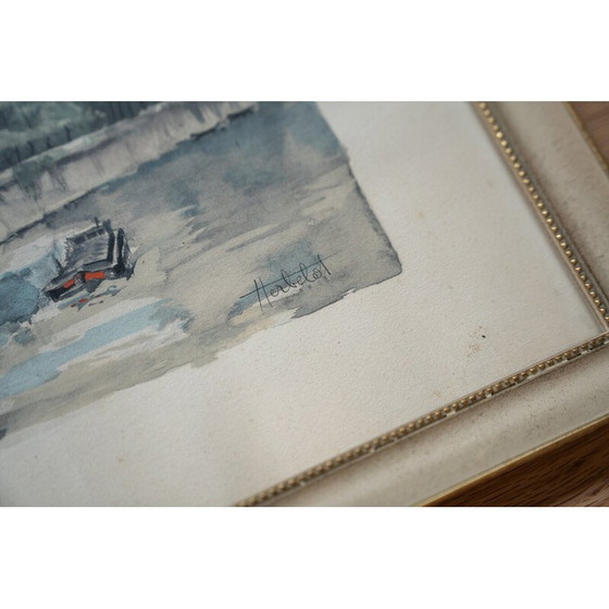 Image 1 of Vintage lithograph “Ile de la cite” in wood and glass, 1980