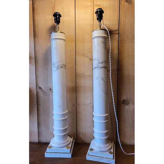 Image 1 of Pair of vintage lamp bases in marble, oakwood and bronze