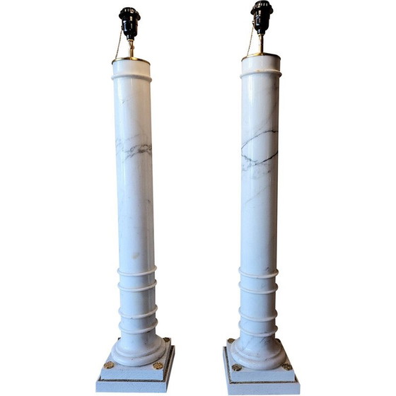Image 1 of Pair of vintage lamp bases in marble, oakwood and bronze