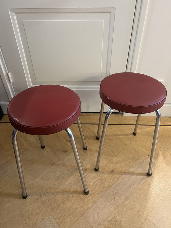 Image 1 of 2X 1950s Stools In Red Skai Executed