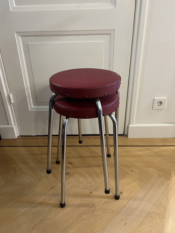 Image 1 of 2X 1950s Stools In Red Skai Executed