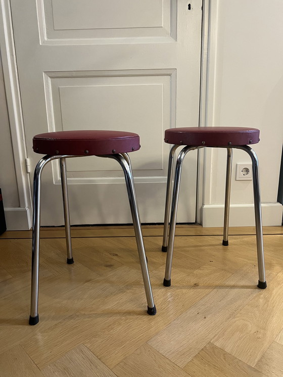 Image 1 of 2X 1950s Stools In Red Skai Executed