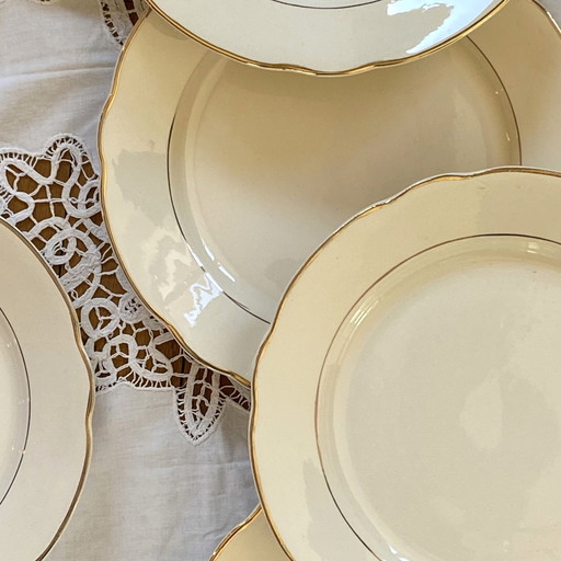 Set Of 6 Plates Antique Earthenware Beige Color And Gilding Digoin Sarreguemines