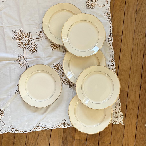 Set Of 6 Plates Antique Earthenware Beige Color And Gilding Digoin Sarreguemines