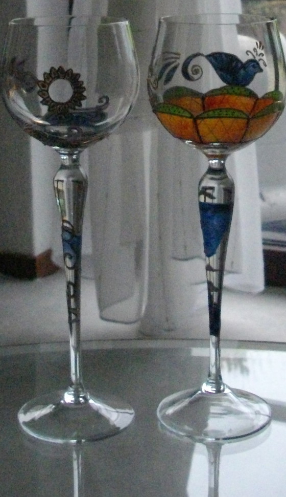 Image 1 of 2x Hand painted wine glasses