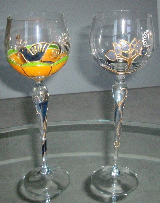 2x Hand painted wine glasses