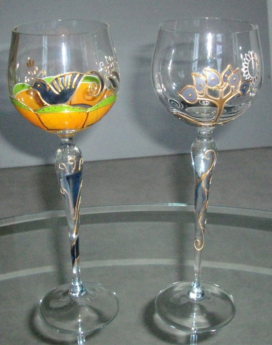 Image 1 of 2x Hand painted wine glasses