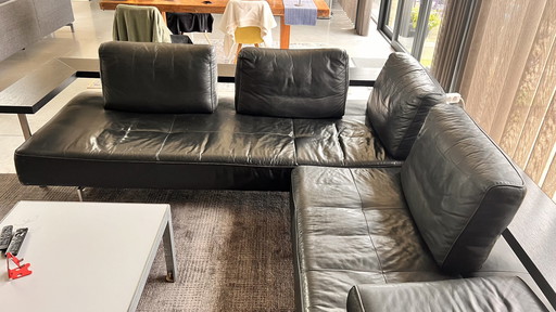 Rolf Benz Black Leather Corner Sofa