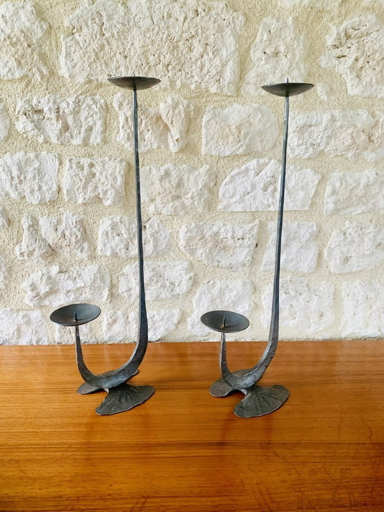 Image 1 of French, Brutalist Style, Two-Arm, Iron Candlesticks, Set Of 2