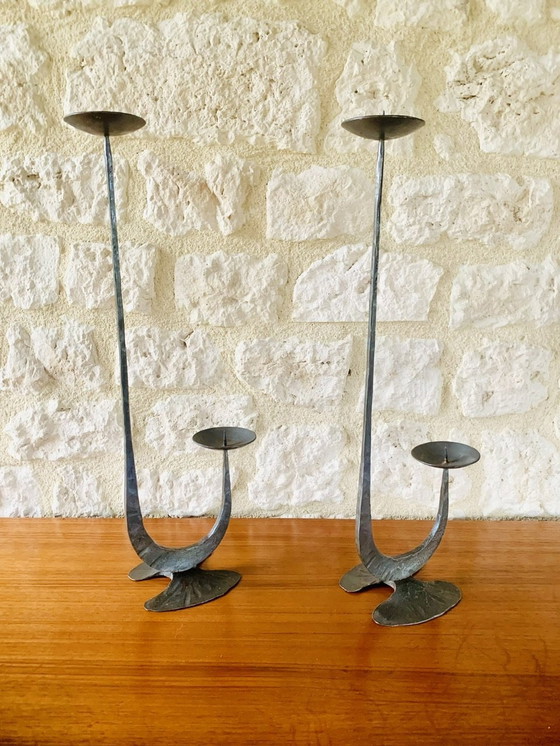 Image 1 of French, Brutalist Style, Two-Arm, Iron Candlesticks, Set Of 2