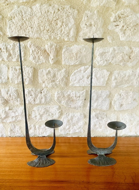 Image 1 of French, Brutalist Style, Two-Arm, Iron Candlesticks, Set Of 2