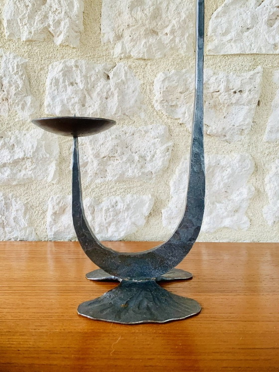 Image 1 of French, Brutalist Style, Two-Arm, Iron Candlesticks, Set Of 2