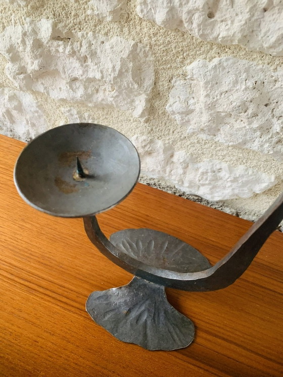 Image 1 of French, Brutalist Style, Two-Arm, Iron Candlesticks, Set Of 2