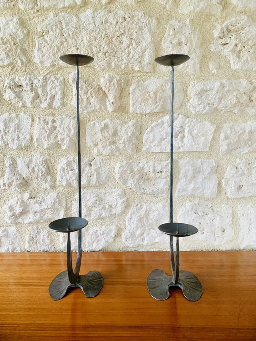 French, Brutalist Style, Two-Arm, Iron Candlesticks, Set Of 2