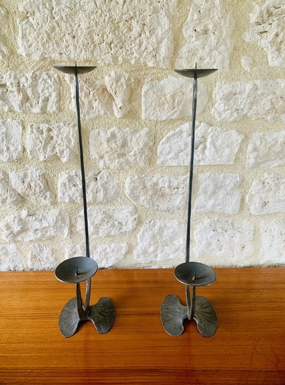 Image 1 of French, Brutalist Style, Two-Arm, Iron Candlesticks, Set Of 2