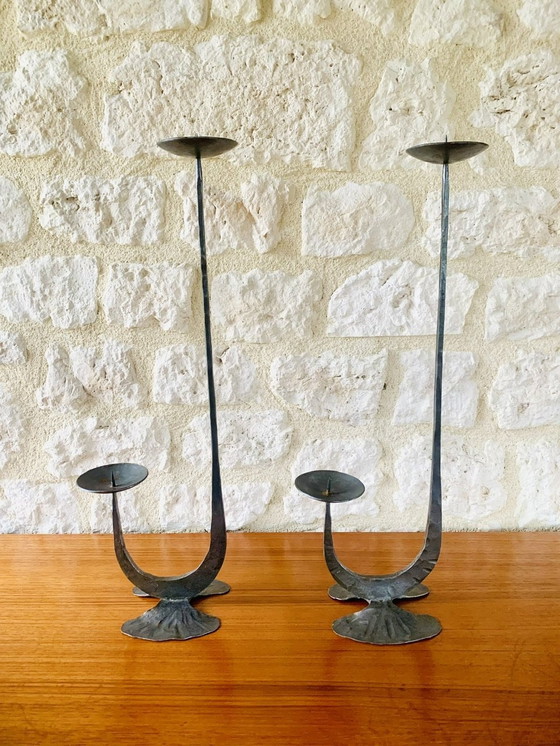 Image 1 of French, Brutalist Style, Two-Arm, Iron Candlesticks, Set Of 2