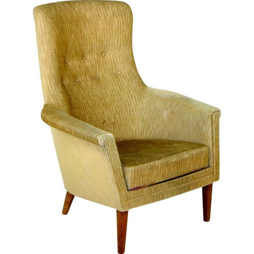 Scandinavian vintage oakwood and fabric armchair, Sweden 1950