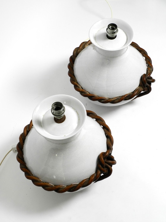 Image 1 of Two beautiful giant Italian mid century white ceramic table lamps with original shades