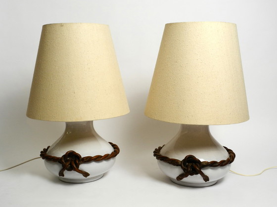 Image 1 of Two beautiful giant Italian mid century white ceramic table lamps with original shades